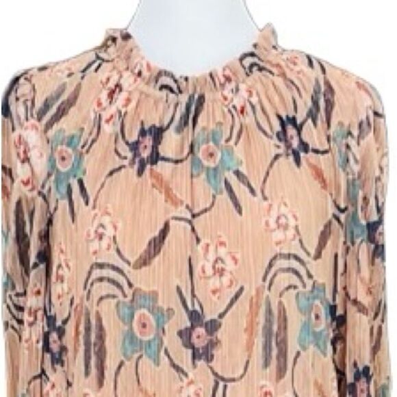 JOIE Gold Shimmer Pleated Floral Print Long Sleeve top size L - Picture 2 of 7
